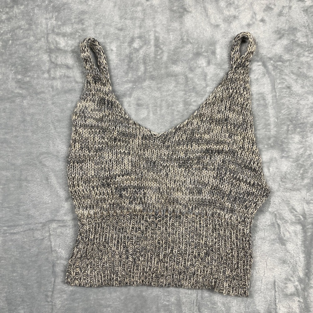 Pins and Needles Knit Tank Top Women Small Gray Marled V-Neck Cropped Ribbed Hem
